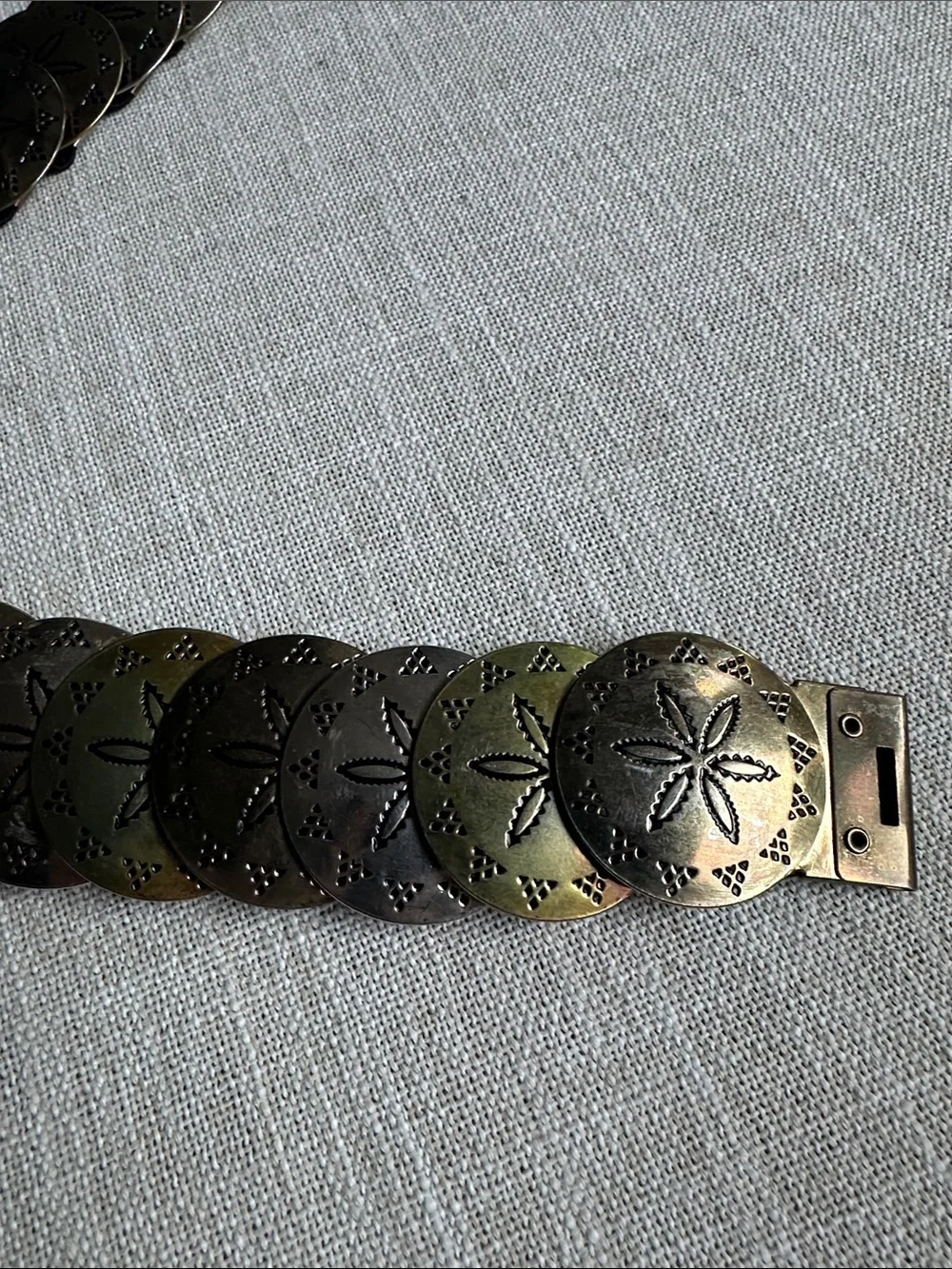 Brass-Toned Floral Coin Link Belt black elastic stretch